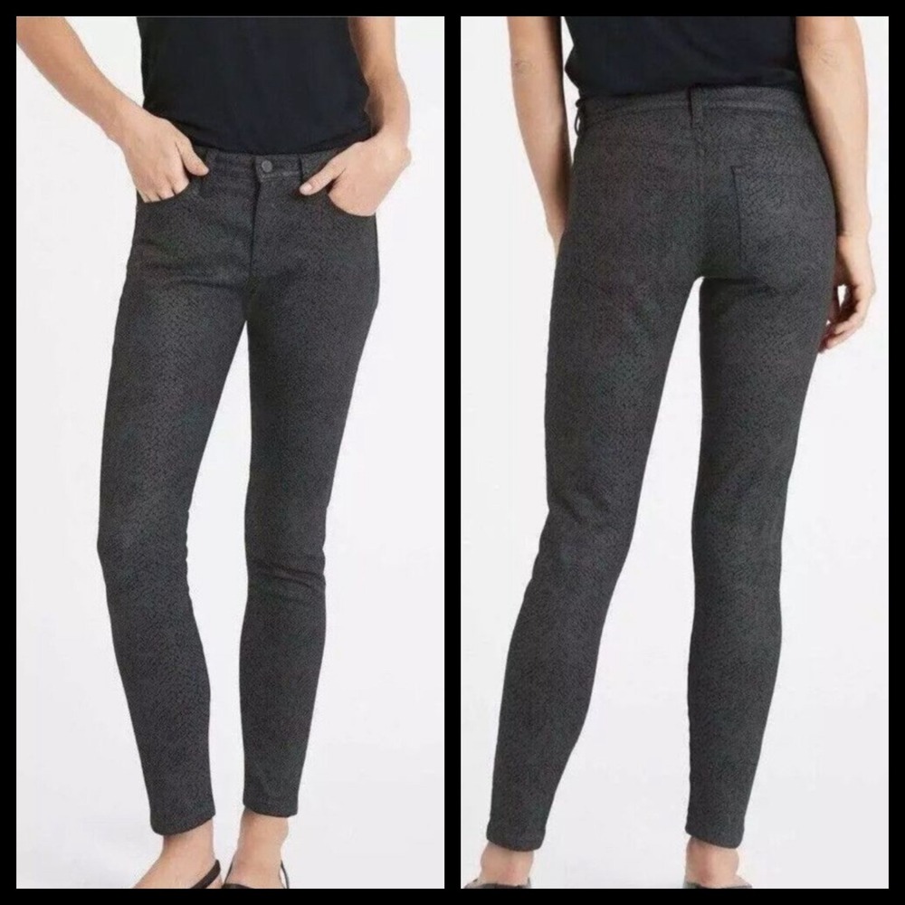 BANANA REPUBLIC COATED OVERALL SNAKE PRINT SKINNY JEAN MIDRISE BLACK PANTS SZ 27